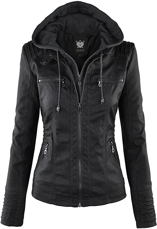 Lock and Love Women's Removable Hooded Faux Leather Moto Biker Jacket product image